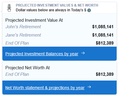 Base case retirement plan results with a 90/10 stock bond split