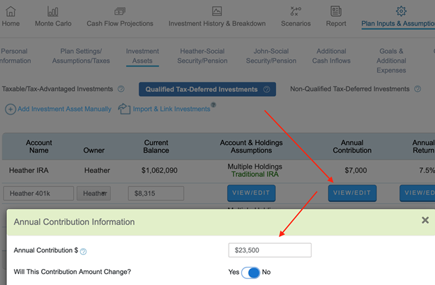 Update your retirement plan contributions in WealthTrace