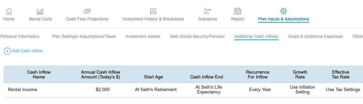 Model rental income in the WealthTrace Retirement Planner