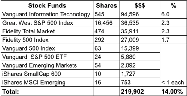 Stock fund holdings for this early retired family